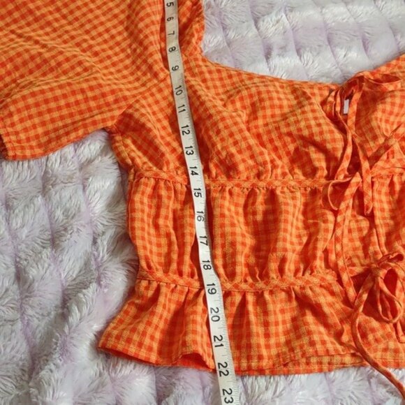 Louna Orange Gingham Print Square Off Shoulder Neckline Puffy Sleeve Tie Top L - Picture 4 of 6